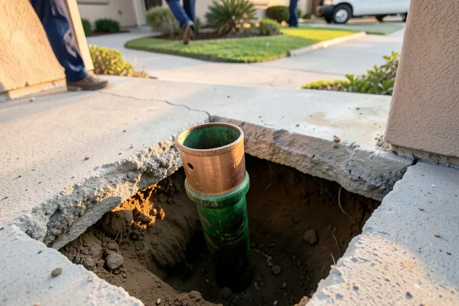 Exposed pressurized copper water pipe resting directly against native clay soil beneath a concrete foundation