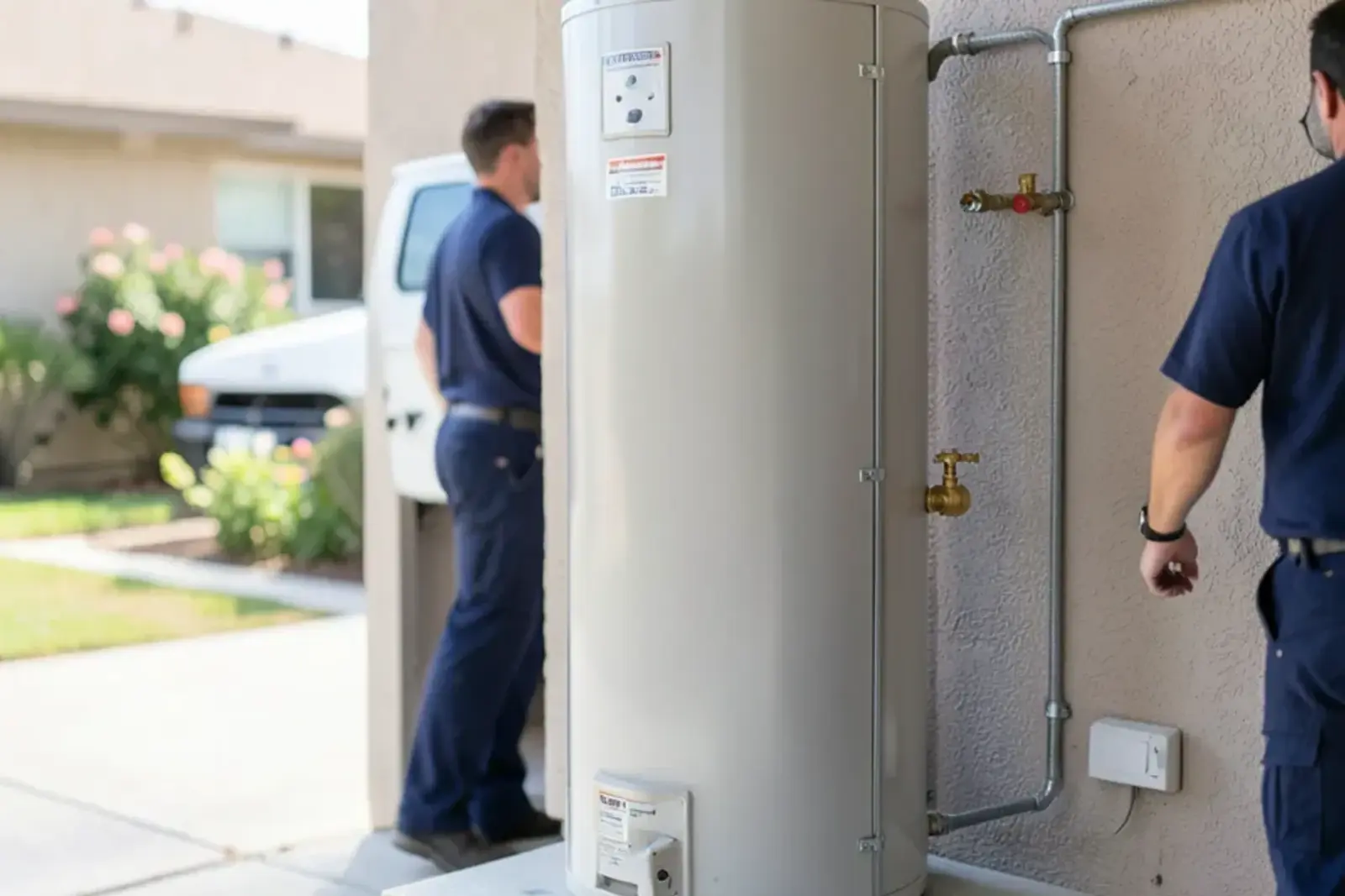 New 50-gallon residential gas water heater with dual heavy-gauge seismic straps bolted to garage studs