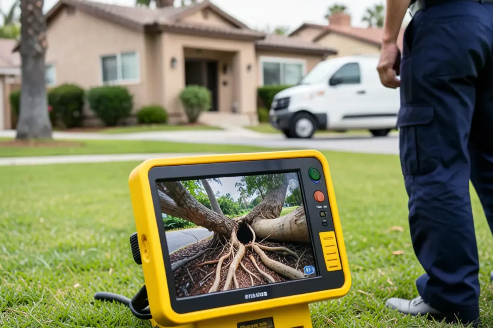 Optical color sewer inspection monitor displaying tree roots inside a 4-inch vitrified clay sewer lateral