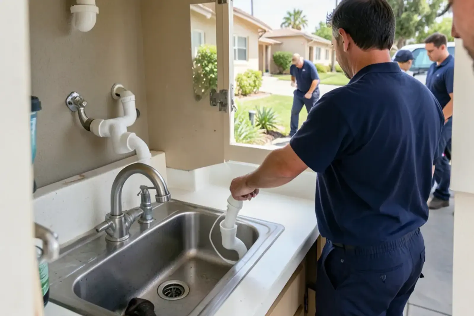 Plumber assembling a clean PVC slip-joint P-trap under a kitchen sink