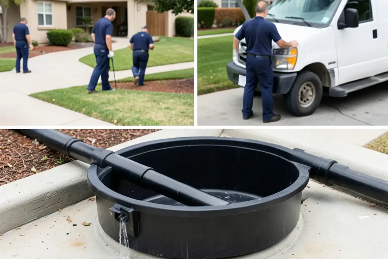 Submersible sump pump basin with check valve installed in a low-lying backyard drainage sump