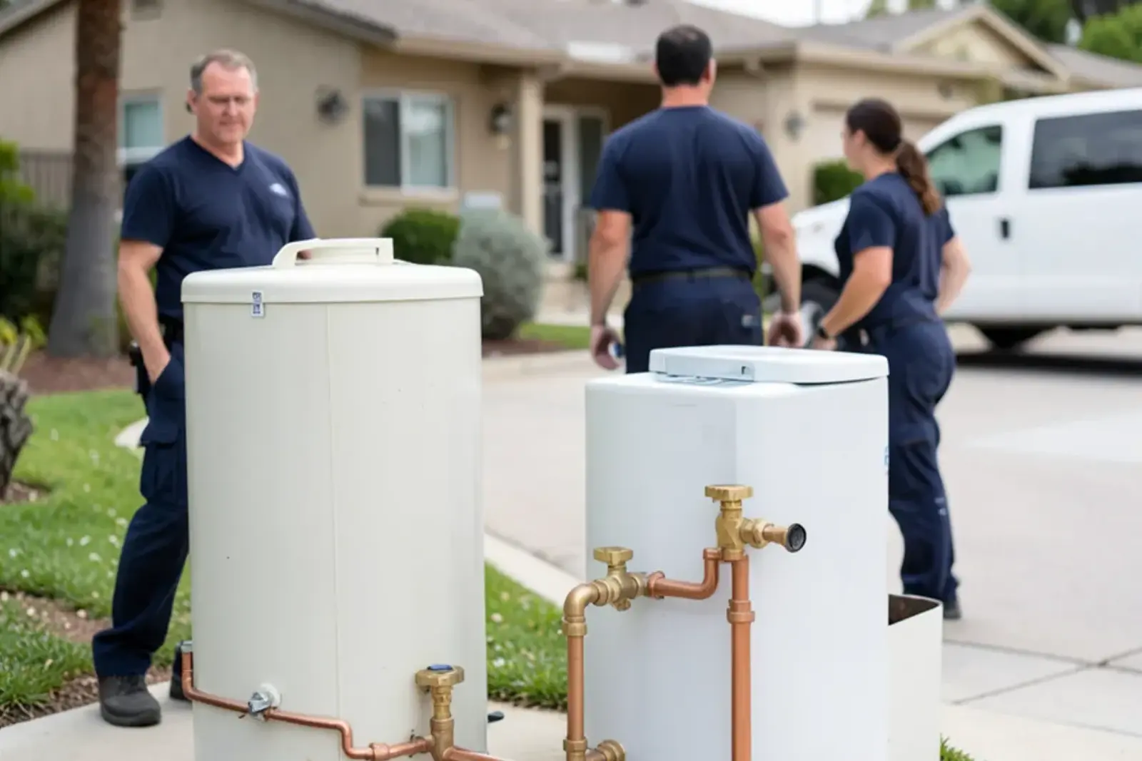 Ion-exchange whole-home water softener resin tank and brine tank installed beside a garage water loop