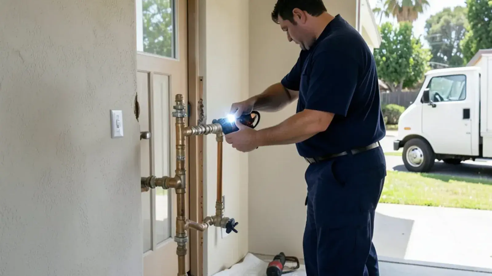 Plumber in a navy work shirt inspecting an overhead PEX supply line in a 1950s Los Alamitos home