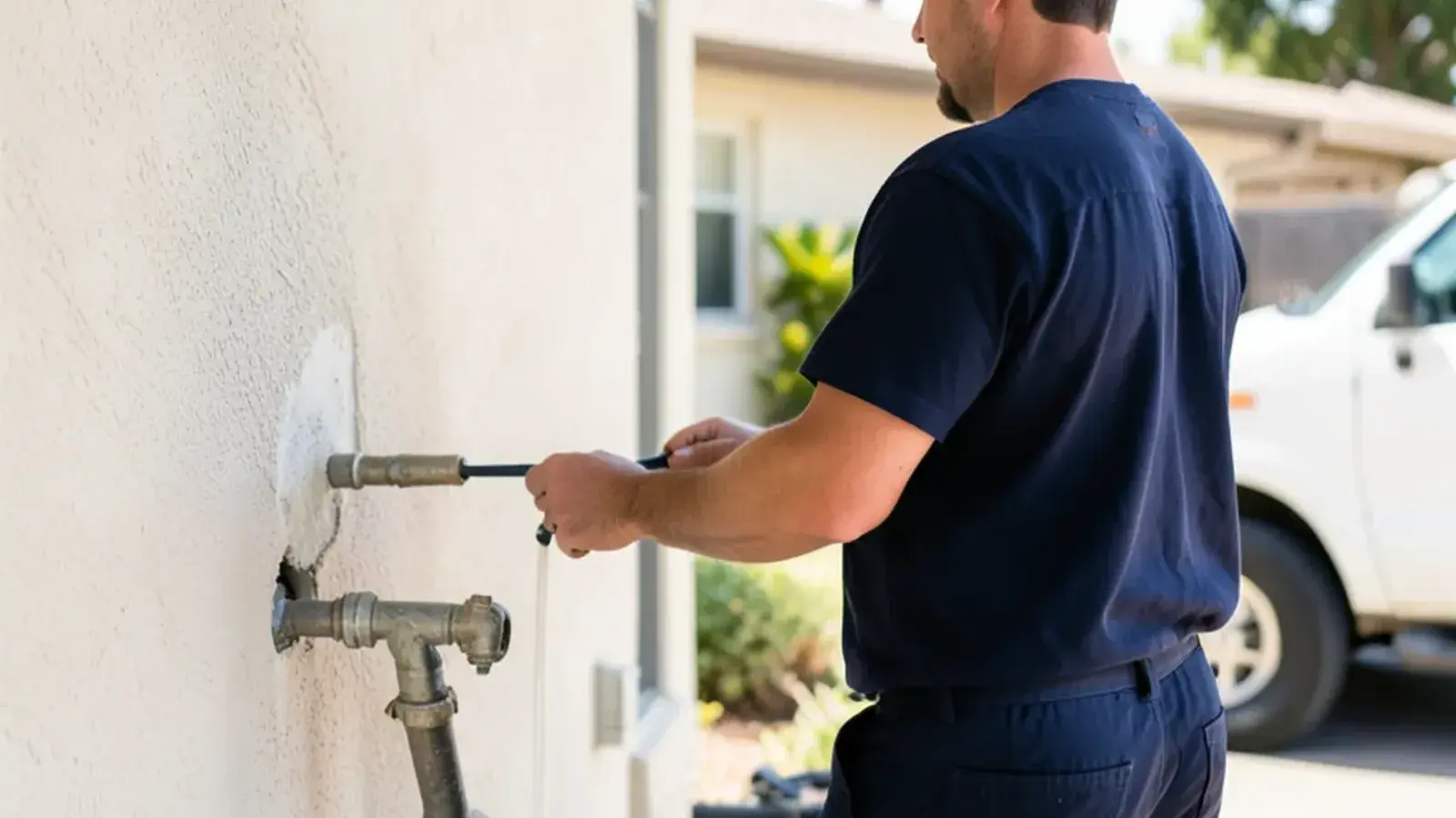 Plumbing technician performing bathroom plumbing for a residential property in Los Alamitos