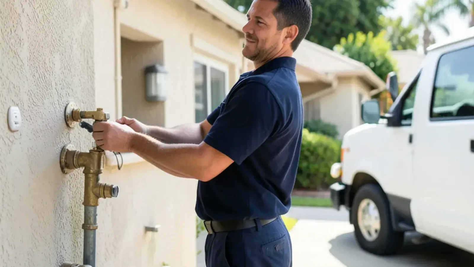 Plumbing technician performing emergency plumbing for a residential property in Los Alamitos