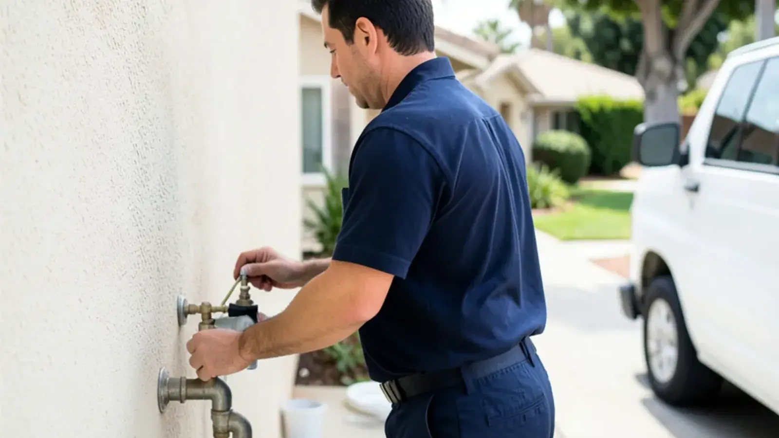 Plumbing technician performing faucet repair for a residential property in Los Alamitos