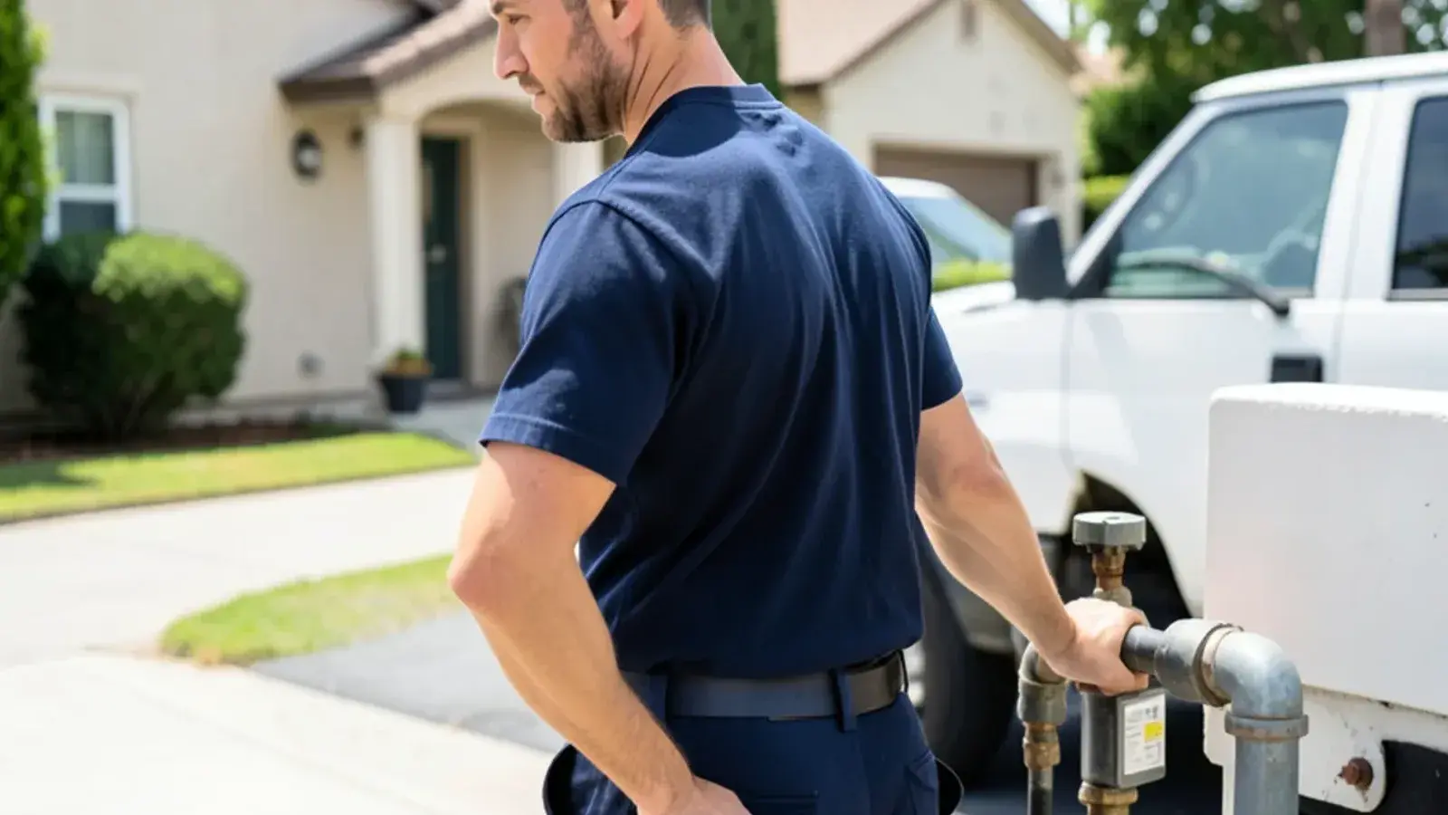 Plumbing technician performing gas line repair for a residential property in Los Alamitos