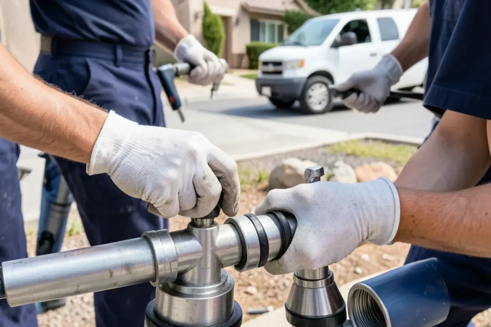Plumber installing durable hydro jetting components in a home