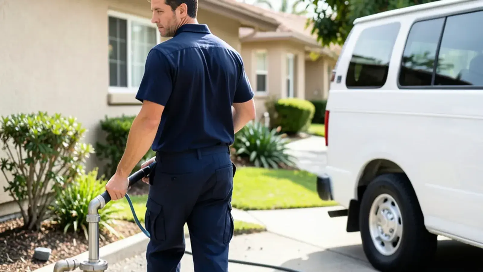 Plumbing technician performing hydro jetting for a residential property in Los Alamitos