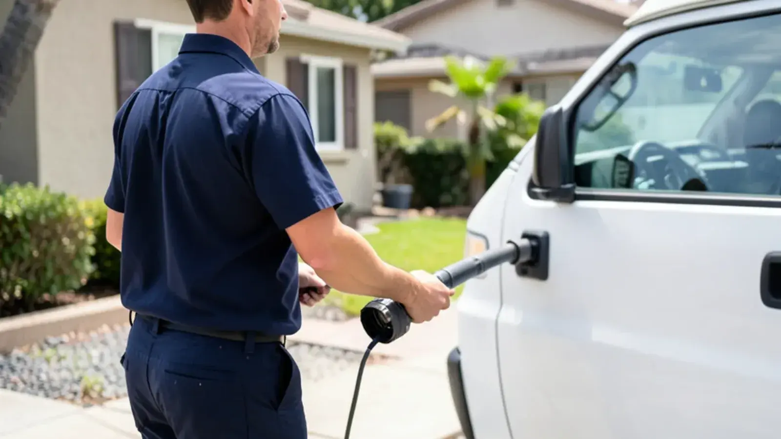 Plumbing technician performing sewer camera inspection for a residential property in Los Alamitos