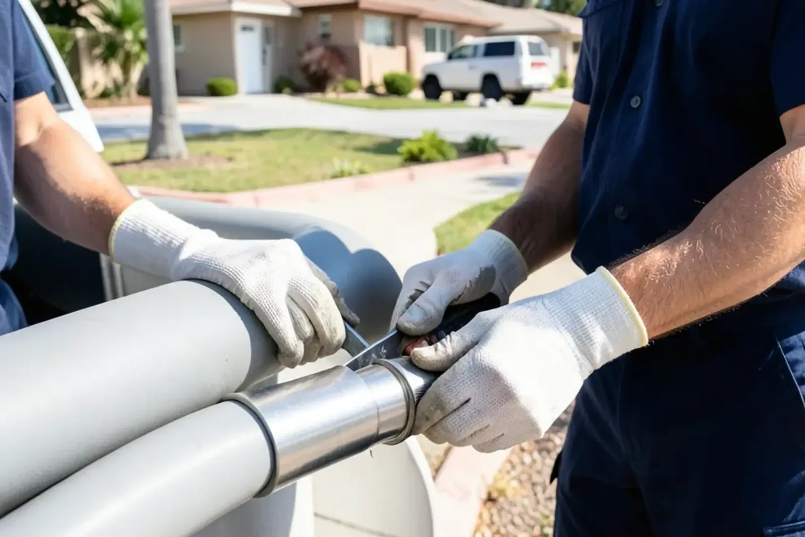 Plumber installing durable sewer line repair components in a home