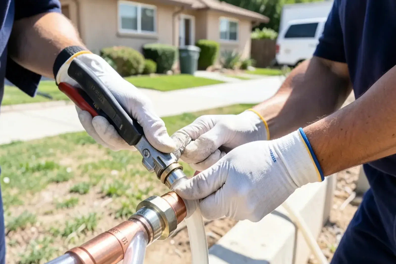 Plumber installing durable slab leak repair components in a home