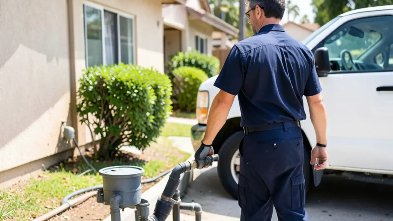 Plumbing technician performing sump pump installation for a residential property in Los Alamitos