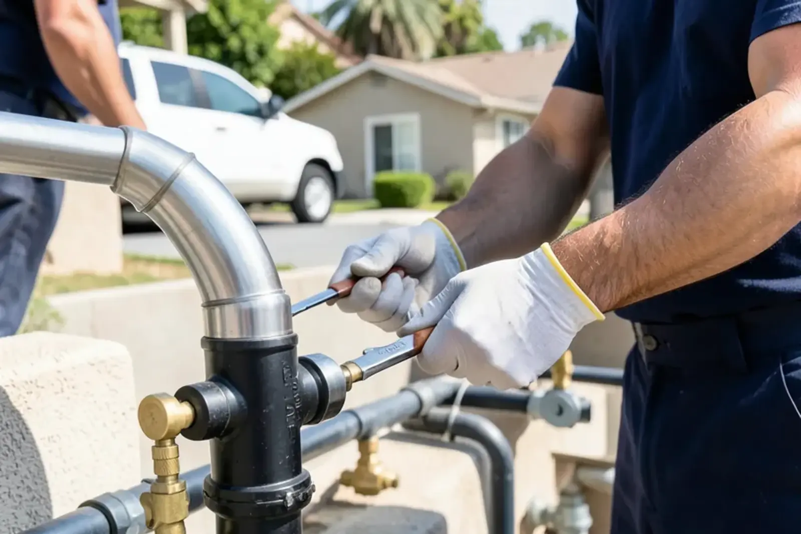 Plumber installing durable tankless water heater installation components in a home