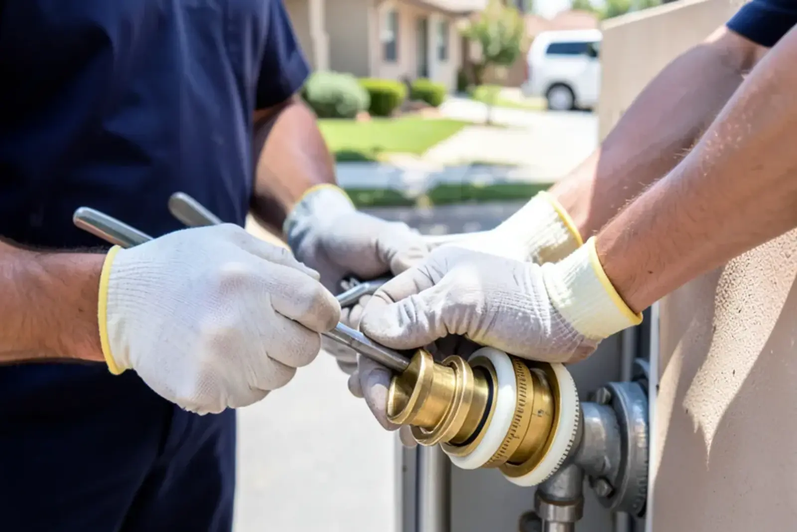 Plumber installing durable toilet repair components in a home