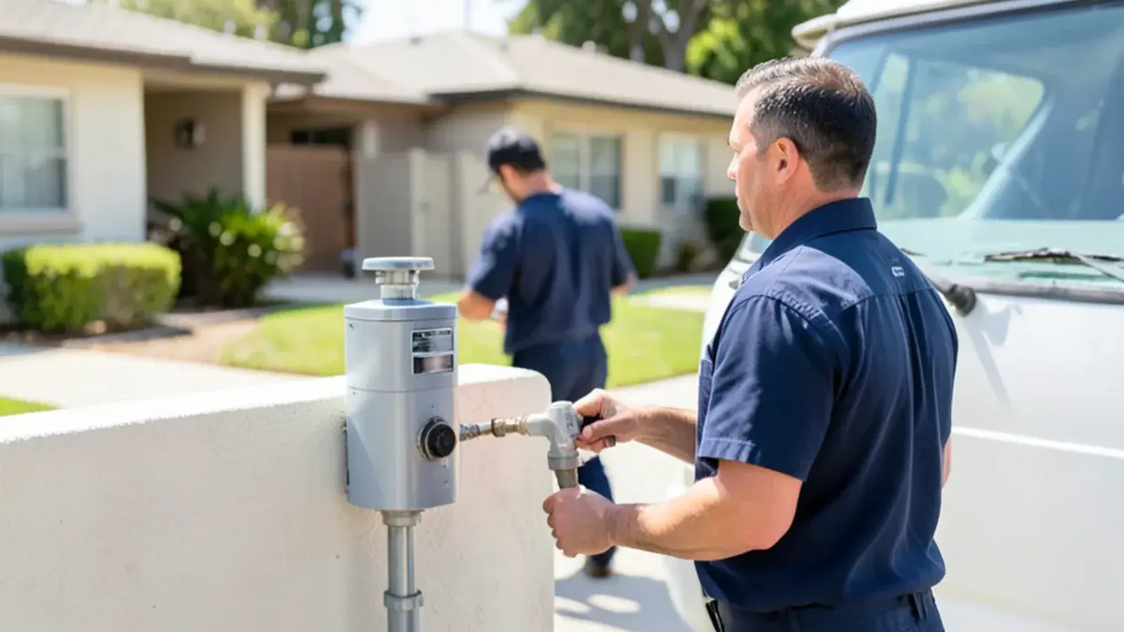 Plumbing technician performing water filtration systems for a residential property in Los Alamitos