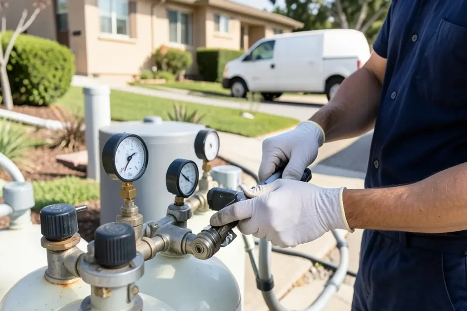 Plumber installing durable water softener installation components in a home