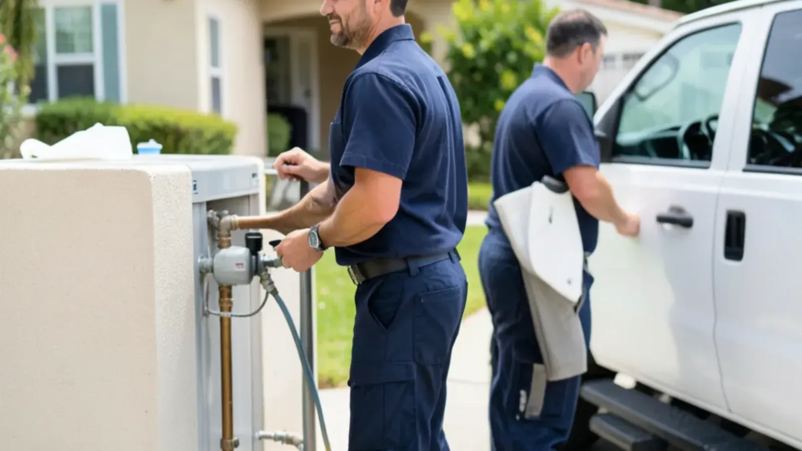 Plumbing technician performing water softener installation for a residential property in Los Alamitos