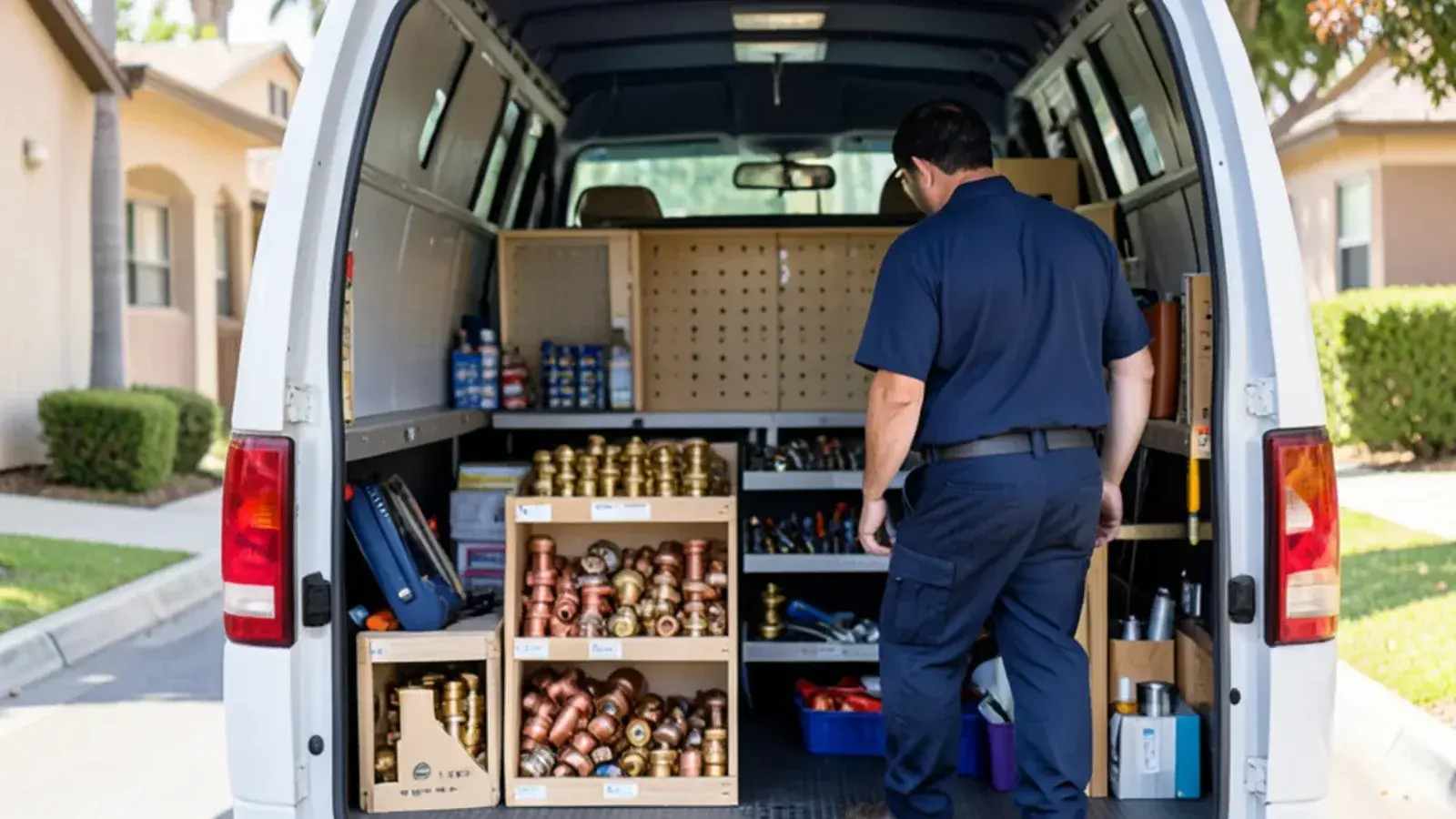 Plumbing technician organizing copper fittings and pipe cutters in the back of a service truck